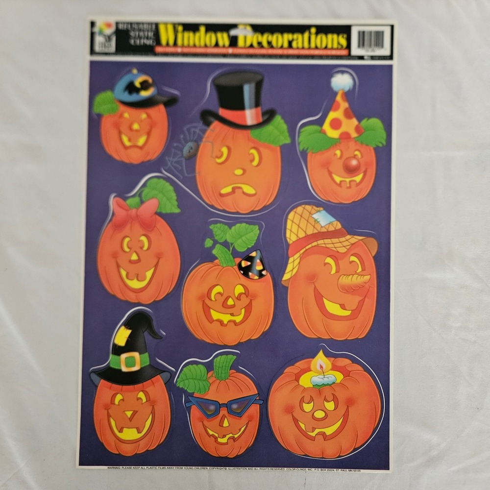 Vintage 9 Pumpkin Face Halloween Window Clings Decorations Static Cling